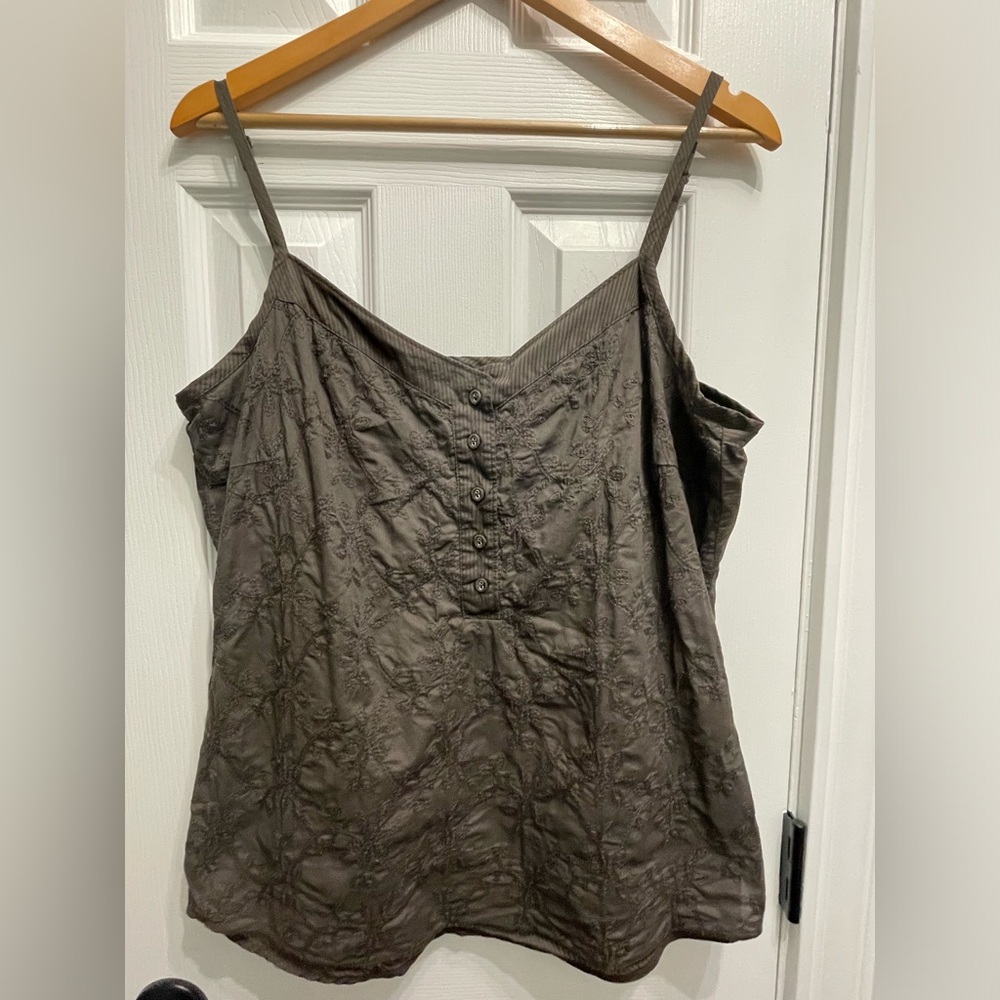 Esprit Y2K Women’s Tank Top Gray Floral Embroidery 100% Cotton Buttons Size 14
